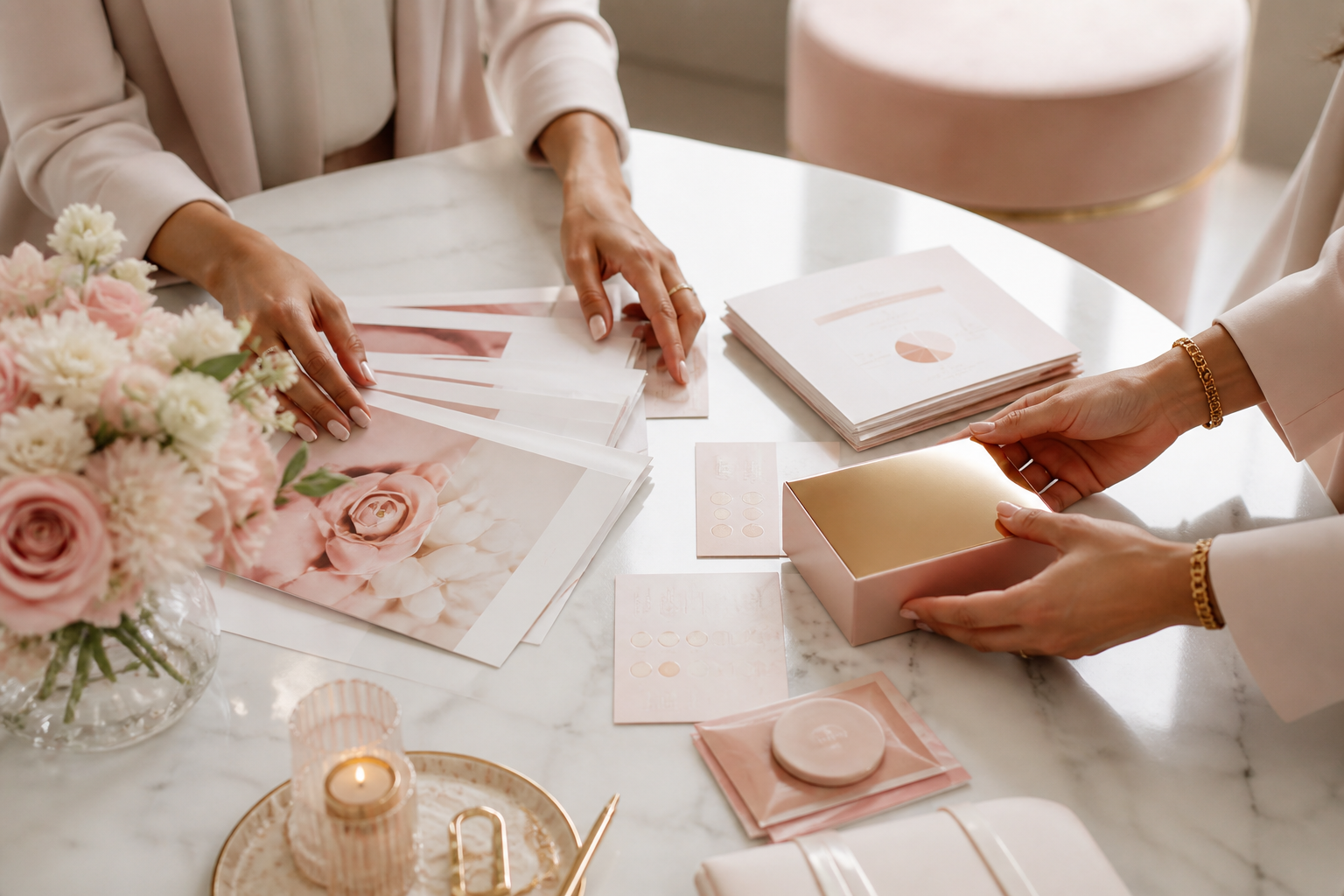 Wellness team hands arranging educational and quality-care materials