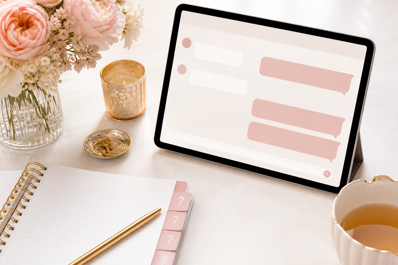 Tablet conversation and question notebook representing customer support