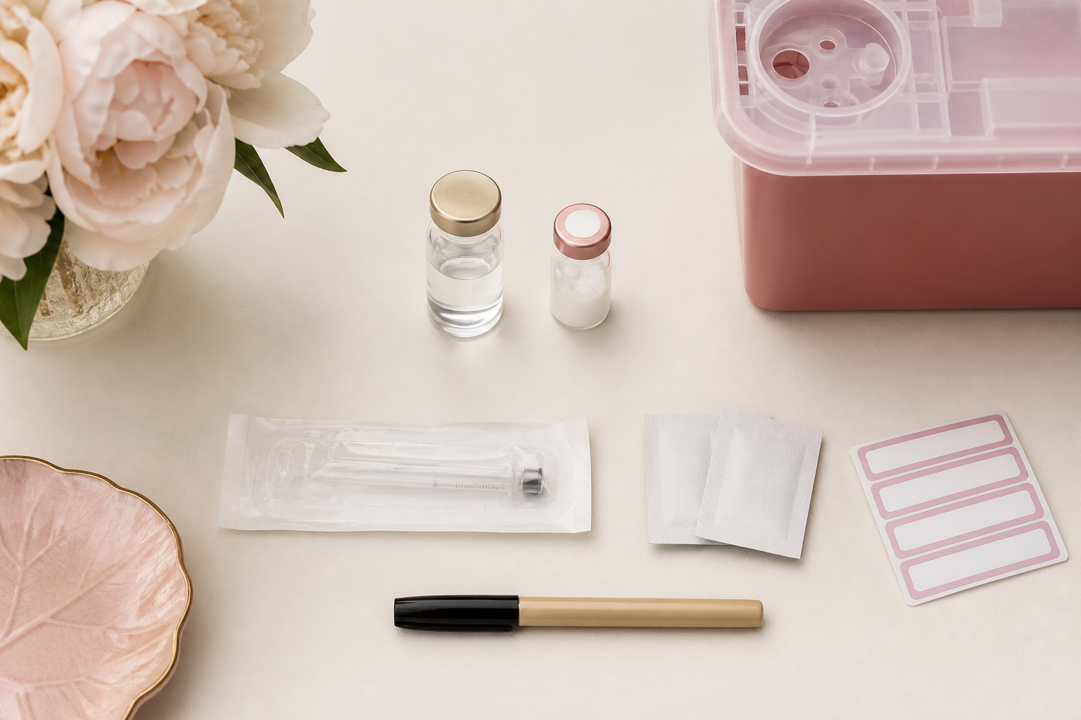 Clean safety-first peptide preparation supplies arranged on a work surface