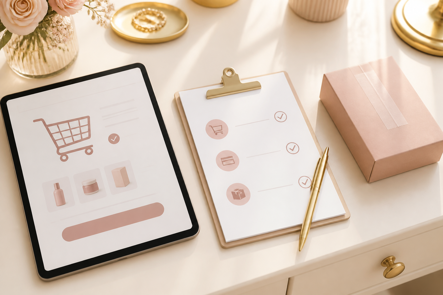 Tablet, checklist and package showing the ordering process