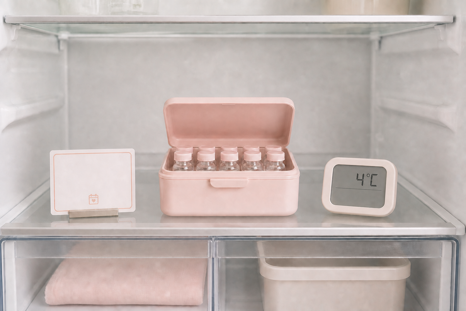 Labeled vial storage box on the center shelf of a refrigerator at four degrees Celsius